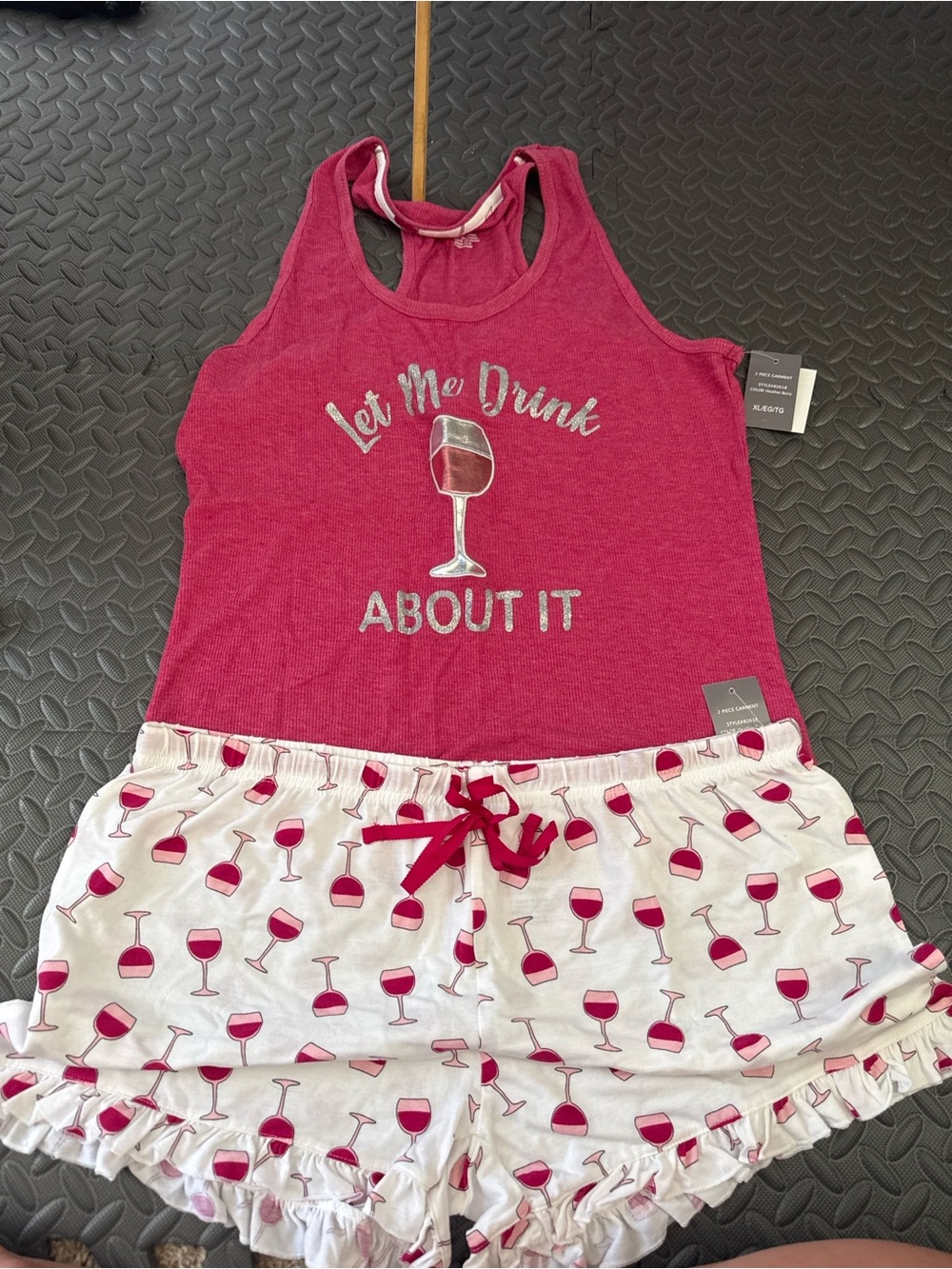 Let Me Drink About It 2 Piece Wine Pajama Set – Tank & Ruffle Shorts – Size XL